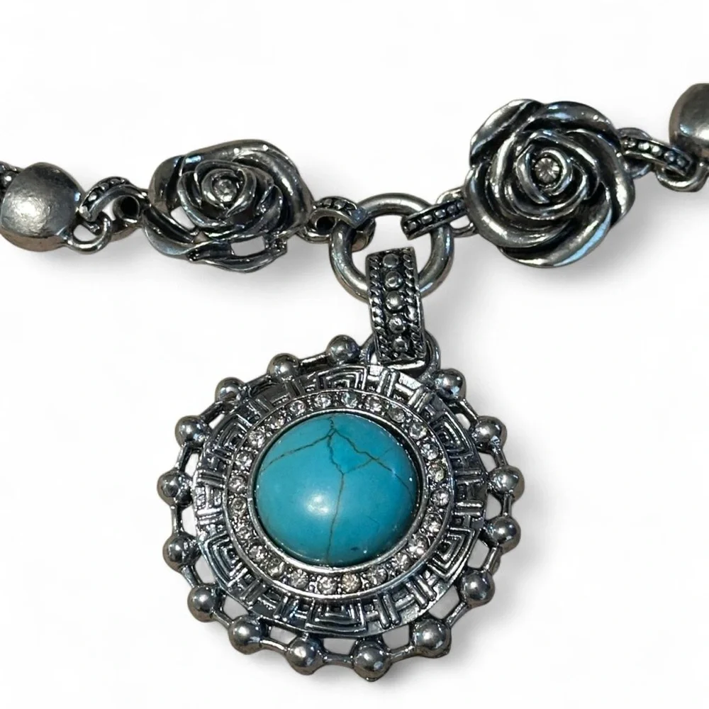 NWT Rose & Turquoise Silver-Tone Necklace with Matching Earrings — NWT, ~9″ - Picture 2 of 5